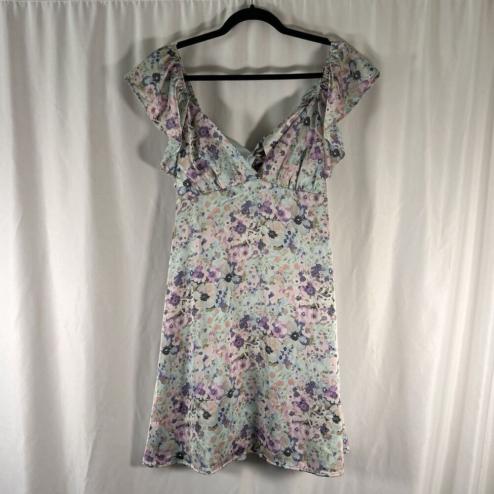 Altar'd State Mini Dress Women's XL Green Purple Floral Ruffle Trim Tie Back Vne